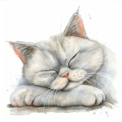 a cute cat, sleeping position, watercolor style, soft pastels, isolated on white background