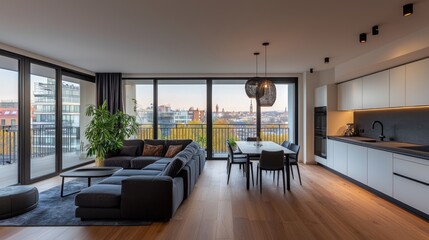 Poster - Modern Living Room with City View and Kitchenette