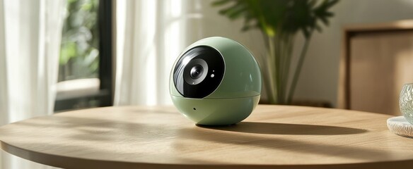 Poster - Green Security Camera on Wooden Table in a Modern Interior