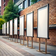 Wall Mural - Blank. vertical signage mockup on wooden stands against a brick wall.