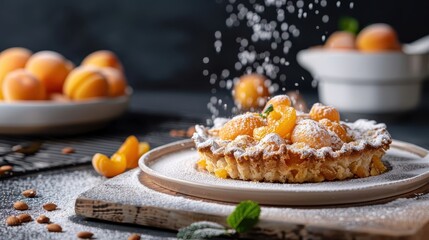 A photorealistic image of a apricot clafoutis, a baked French dessert with apricots.