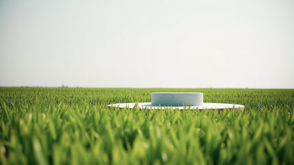 Minimalist product display with a blank pedestal in a field of green grass