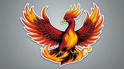 A stylized phoenix bird with spread wings and fire coming out of its tail against a grey background.