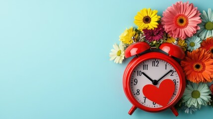 Sticker - A red alarm clock with a heart shaped face surrounded by flowers, AI