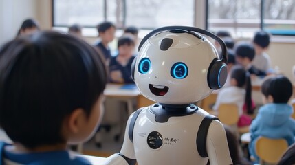 Wall Mural - A humanoid robot with large blue eyes and a smile interacts with a student in a classroom