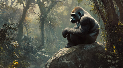 Wall Mural - A gorilla sitting thoughtfully on a large boulder, surrounded by dense foliage and tall trees in its zoo habitat.