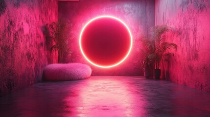 Canvas Print - 3D render of a white neon ring above a fluffy cloud in a studio. The glowing halo is a blank rounded frame, isolated with a pink fashion background in modern abstract design.