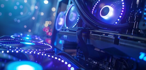 Close-up of RGB liquid cooler with blue lights, modern computer environment