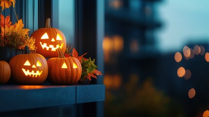 Festive Halloween Decor on Modern Apartment Balcony with Glowing Jackolanterns, Copy Space for Text, Selective Focus, Ultra HD