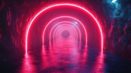 Canvas Print - 3D animation of an abstract neon background featuring an endless tunnel made of assorted geometric shapes and glowing lines in the dark.