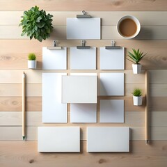 Wall Mural - Clean and minimalist mockup of blank cards and a box on a natural wood surface.