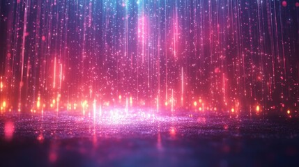 Canvas Print - 3D animation of fantastic pink and blue neon rain with endless colorful fireworks and sparkles in a night scene abstract background.