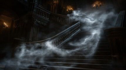 Poster - A staircase with a ghostly figure in the air. The atmosphere is eerie and mysterious. The staircase is dark and foggy, adding to the sense of unease