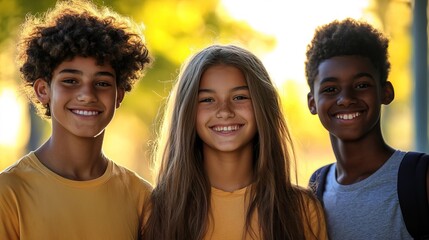 Three cheerful kids smile warmly in a sunlit outdoor setting, showcasing youthful joy and friendship.