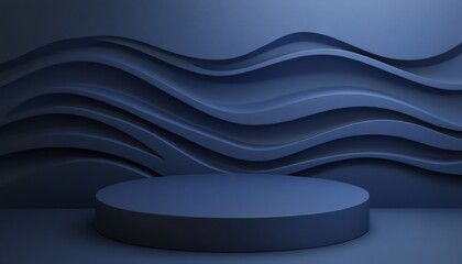 Poster - Blue Circular Platform with Curved Wavy Background