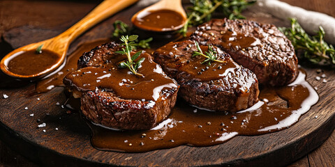 Wall Mural - Beef fillet steaks with sauce on the plate, generative AI