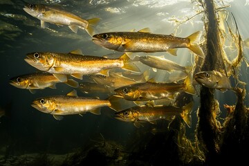 Sticker - A School of Fish Swimming Through Sunlit Waters