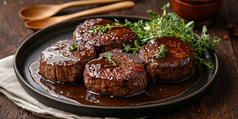 Wall Mural - Beef fillet steaks with sauce on the plate, generative AI