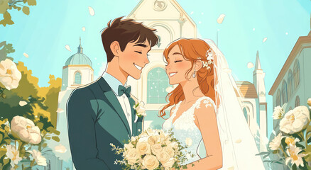 Wall Mural - A couple smiles and stands in front of the church, holding flowers, wearing wedding dresses and suits