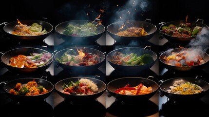 Assorted Stir-Fry Dishes in Woks with Fresh Vegetables and Meat Cooking Over High Heat