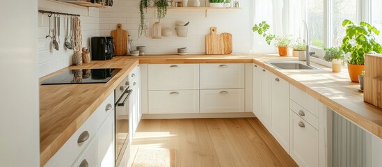 Wall Mural - Modern Kitchen with White Cabinets, Wood Countertops and Natural Light