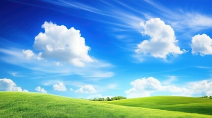 Abstract background of green grass on a background of blue sky with white clouds