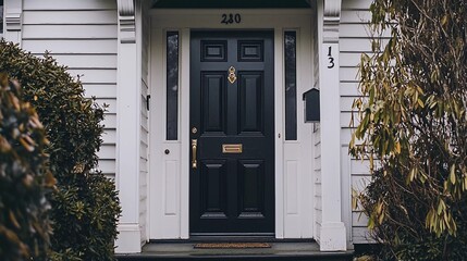 Wall Mural - Black front door of classic style house in Oregon.