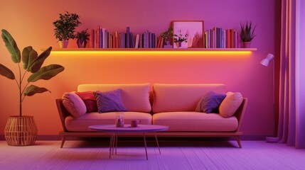 Canvas Print - Modern Living Room Interior with Pink and Yellow Lighting and a Plush Sofa