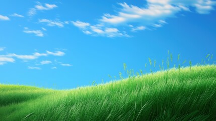 Green grass with beautiful bright blue sky and white clouds