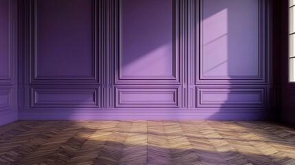 Canvas Print - Modern classic purple empty interior with wall panels and wood flooring. 3D rendering.