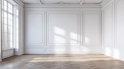 Wall Mural - Modern classic white empty interior with wall panels and wooden floors. 3D rendering.