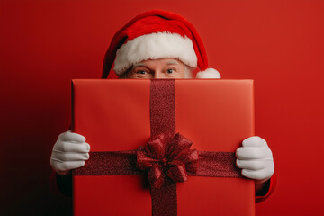 Santa Claus holding a red box. He is looking at the camera with a surprised expression