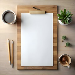 Wall Mural - Clean and minimalist desktop mockup featuring a blank sheet of paper on a wooden clipboard with a coffee cup. pencils. and decor.