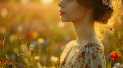 Wall Mural - Serene Woman in Flower Field