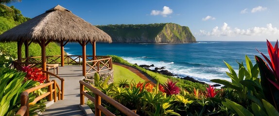 Canvas Print -  The thatched-roof gazebo situated on a lush, green hillside overlooking the ocean.