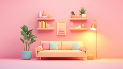 Sticker - Minimalist Living Room with Pastel Colors and Geometric Shapes