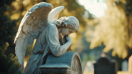 Angel Statue Mourning in Cemetery  Symbol of Loss and Grief