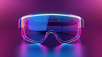 Futuristic virtual reality goggles with neon blue and purple glow on dark background