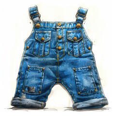 A hand-drawn illustration of a pair of blue denim overalls with multiple pockets, buttons, and rolled-up legs