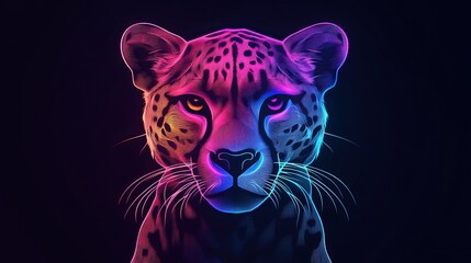 Neon pink and blue glowing cheetah face on black background digital art