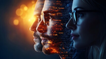A group of business leaders from various ethnic backgrounds, merged with digital binary code flowing like data streams, highlighting the technological backbone of modern business success, hd quality,