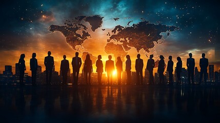 Wall Mural - A group of business professionals from different countries, merged with a world map and digital connections, symbolizing the global networks that drive business success, hd quality, balanced lighting,