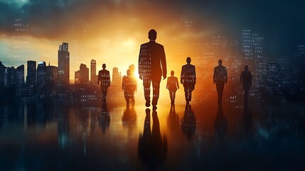 A group of business professionals in formal attire, overlaid with digital binary code and futuristic data streams, symbolizing the integration of advanced technology in global business strategies,