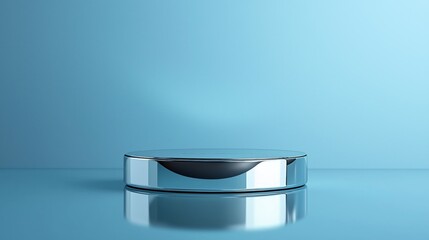 Poster - A futuristic metal podium with a brushed chrome finish, isolated on a soft blue background with subtle reflections, perfect for showcasing tech-inspired perfume bottles