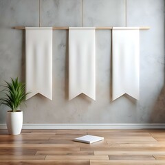 Wall Mural - Three blank pennants hang on a rustic wooden rod against a textured concrete wall.