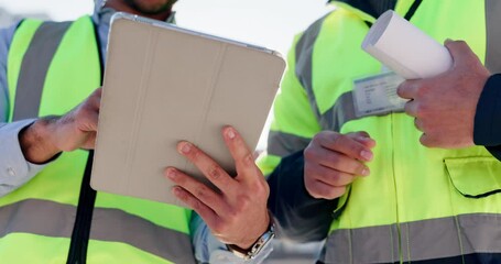 Poster - architecture, tablet and teamwork with hands of people in city for project management, digital bluep