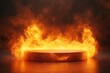 © Paniti - 3d Mock up Fiery orange podium with flames and smoke effects. Pedestal stage for energy drink product presentation. Dynamic scene for advertising. Sale promotion background.