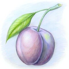 Wall Mural - A hand drawn illustration of a single. ripe plum with a leaf.