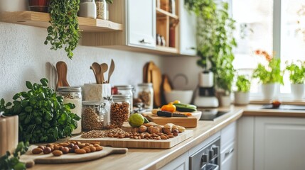 Wall Mural - Cozy and Inviting Farmhouse Kitchen with Greenery and Natural Elements