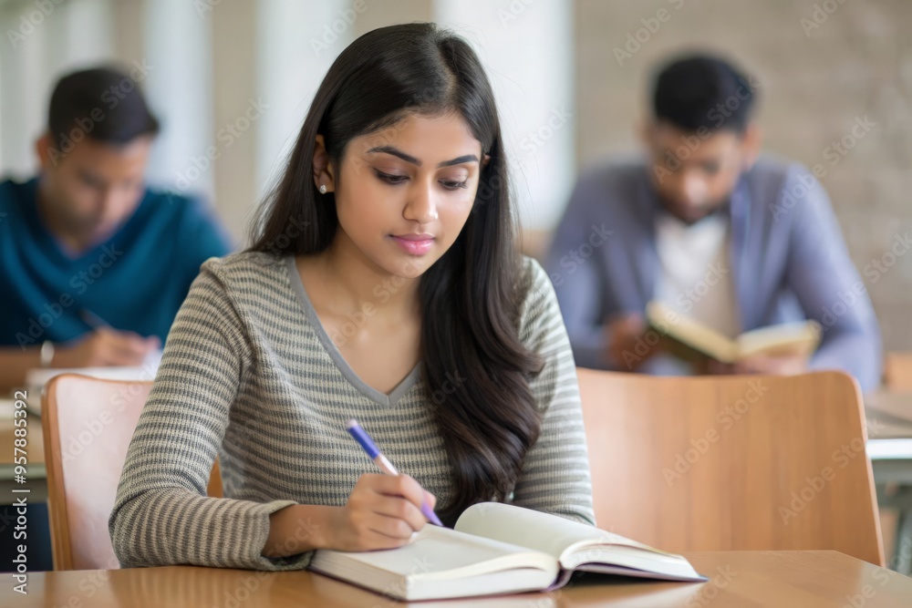 An Indian female student studying in a study hall or academic center ...